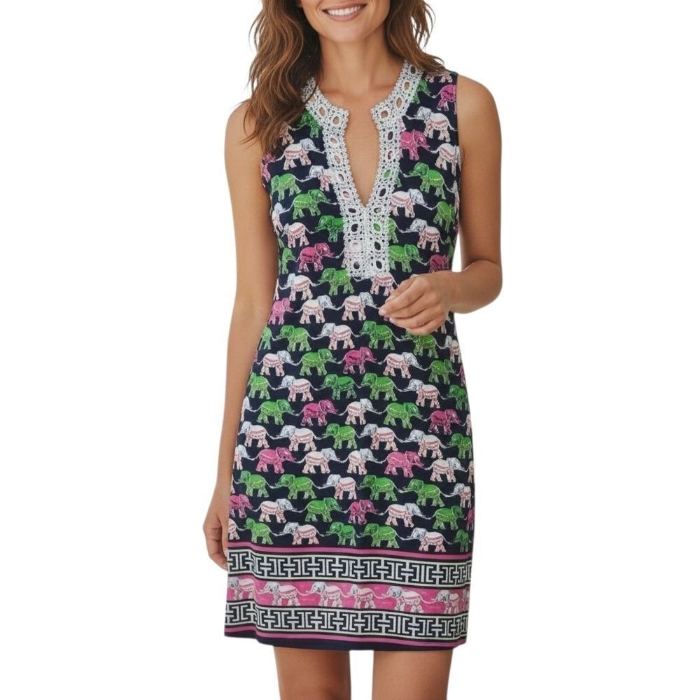 Crown & Ivy Elephant Print Sheath Dress Embroidered V-Neck Sleeveless XS Preppy